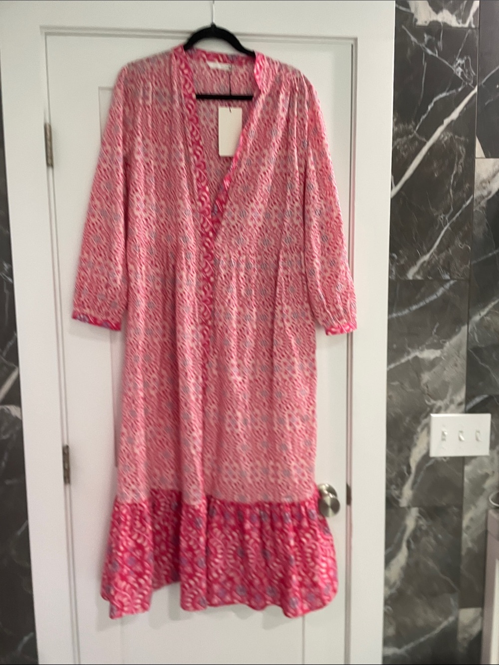 NWT Zara Pink Paisley Patterned V-Neck Cotton Midi Dress L